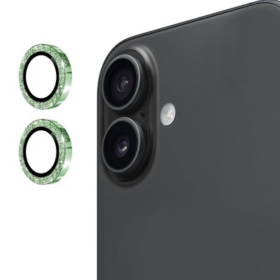 Grönt glitter linsskydd installerat på iPhone 17 bakre kamera
