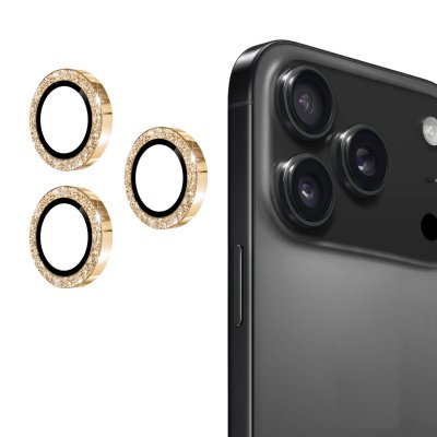 Guldfärgat Hat Prince glitter linsskydd i glas och aluminium monterat på iPhone 17 Pro – 3-pack