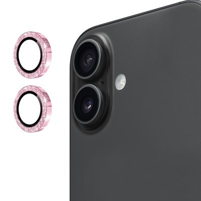 Rosa glitter linsskydd monterat på iPhone 17 bakre kamera