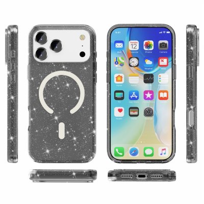 iPhone 17 Pro-skal transparent svart med glitter och MagSafe-ring