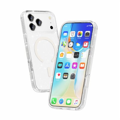 Tunt och genomskinligt iPhone 17 Pro-skal med glitter och MagSafe