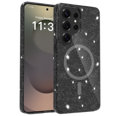 Transparent svart glitter MagSafe skal monterat på Samsung Galaxy S26 Ultra