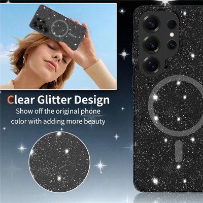 Samsung Galaxy S26 Ultra skal i transparent svart med glitter och markerad MagSafe-ring