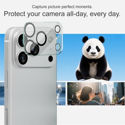 Kombinerat bildtest och produktvisning av Imak linsskydd till iPhone 17 Pro
