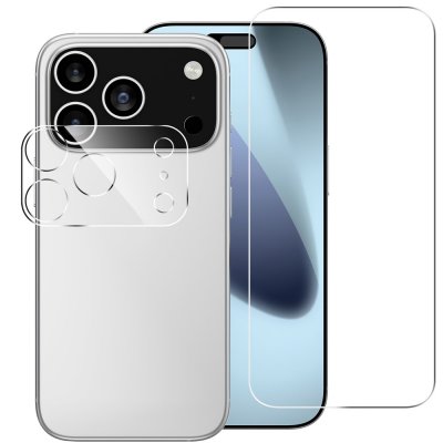 Skärmskydd och linsskydd i härdat glas till iPhone 17 Pro, visat monterat på både fram- och baksida