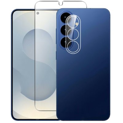Härdat glas skärmskydd och linsskydd monterat på Samsung Galaxy S26