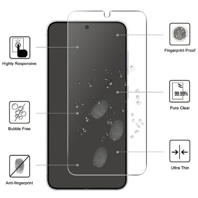 Härdat glas skärmskydd till Samsung Galaxy S26 med hög transparens och reptålighet