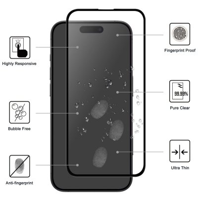 Illustration av svart iPhone 17 Pro skärmskydd med funktioner och mått