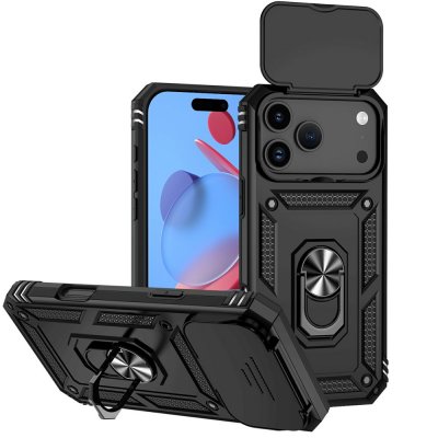 Hybridskal iPhone 17 Pro svart med infällbart ringstativ i liggande visning