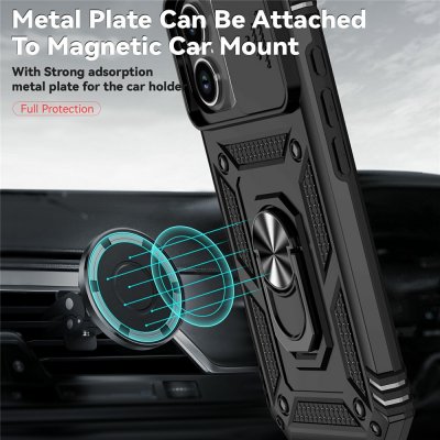 Svart iPhone 17 hybridskal med magnetiskt stöd och extra kameraskydd
