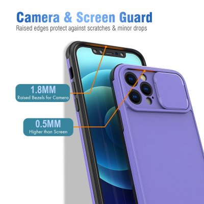 Skal iPhone 14 Pro med Kameraskydd i lila färg som uppmärksammar de upphöjda kanterna som skyddar skärmen