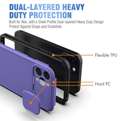 Skal iPhone 14 Pro med Kameraskydd i lila färg som visar hur skalet är uppbyggd med PC och TPU material