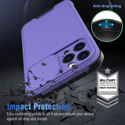 Skal iPhone 14 Pro med Kameraskydd i lila färg som visar hur skalet skyddar mot stötar i backen