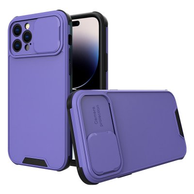 Skal iPhone 14 Pro med Kameraskydd i lila färg som visar designen