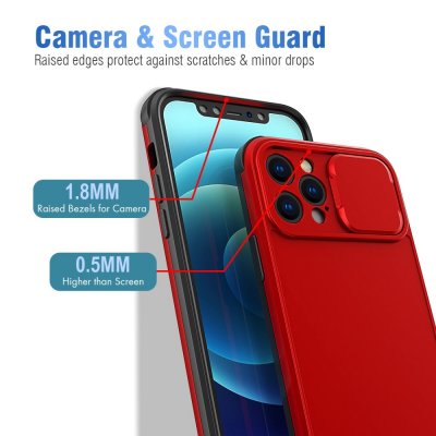 Skal iPhone 14 Pro med Kameraskydd i röd färg som uppmärksammar de upphöjda kanterna som skyddar skärmen