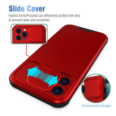 Skal iPhone 14 Pro med Kameraskydd i röd som beskriver hur kameraskyddet fungerar och skyddar