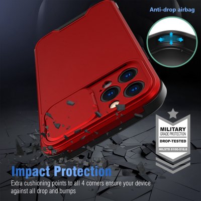 Skal iPhone 14 Pro med Kameraskydd i röd färg som visar hur skalet skyddar mot stötar i backen