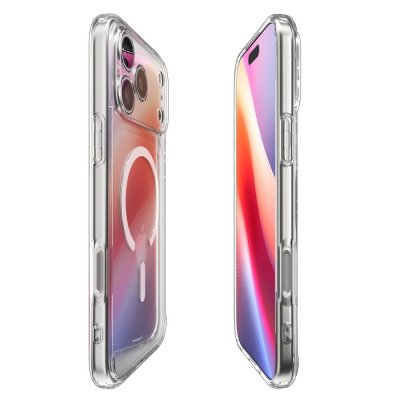 Fram- och baksida av iPhone 17 Pro Max med monterat Spigen Ultra Hybrid Clear White skal