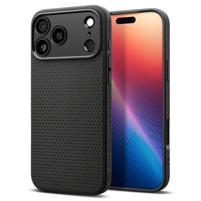 Spigen Liquid Air skal i matt svart för iPhone 17 Pro Max – visad framifrån och bakifrån