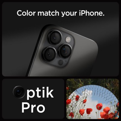 Kamerasensor på iPhone 17 Pro skyddas med svart linsskydd från Spigen