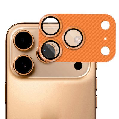 Närbild på orange Hat Prince kameraskydd för iPhone 17 Pro – slitstarkt aluminium och härdat glas för säker linsprotection.