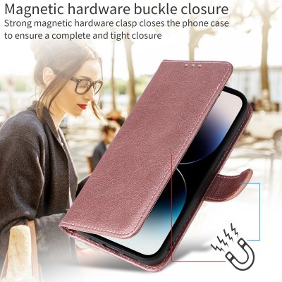 Stativfunktion på läderfodral till iPhone 17 – rosa design