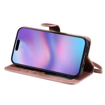 iPhone 17 rosa fodral uppfällt som stativ – visning i liggande läge