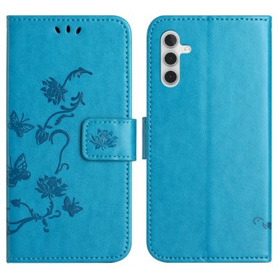Läderfodral med fjärilsmotiv i blått till Samsung Galaxy A36 – framsida och baksida