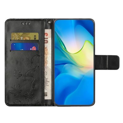 Samsung Galaxy A36 fjärilsmönstrat läderfodral i svart – öppet med kortfack