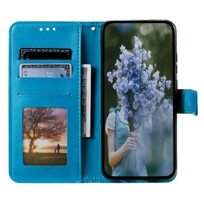 Insidan av blått läderfodral med kortfack och plats för kontanter – Samsung Galaxy A17