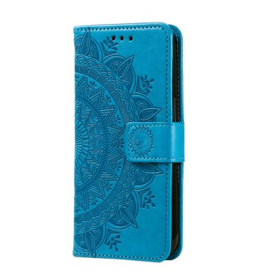 Stängd vy av blått Mandala Samsung Galaxy A57 läderfodral från sidan