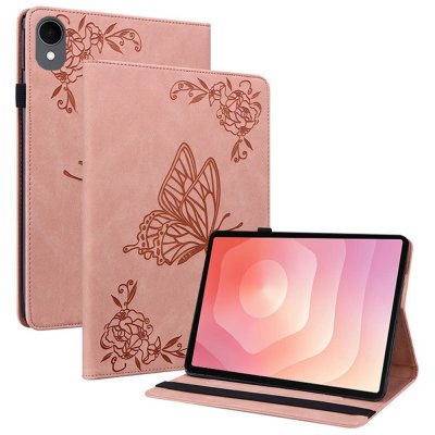 Samsung Galaxy Tab S11 läderfodral rosa med fjärilar och surfplatta i stående visning