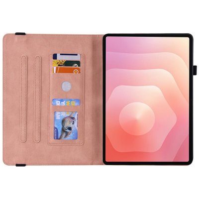 Öppet rosa läderfodral med fjärilstryck för Galaxy Tab S11 – kortfack synliga