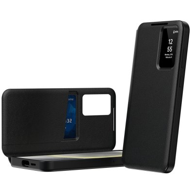 Öppet svart fodral till Galaxy A56 med synligt Smart View-fönster och insida