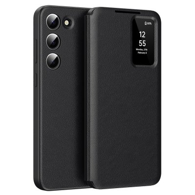 Svart Smart View läderfodral monterat på Samsung Galaxy S22