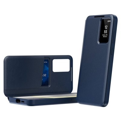 Samsung Galaxy S23 fodral i blått läder med Smart View-fönster