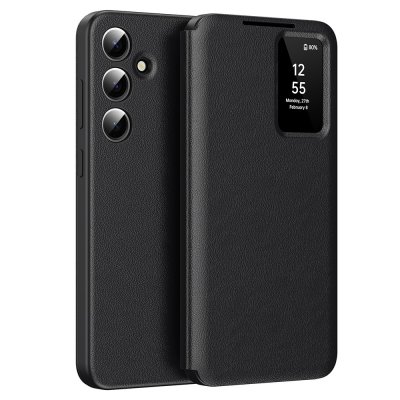 Samsung Galaxy S24 FE med svart Smart View-läderfodral, visad fram- och bakifrån