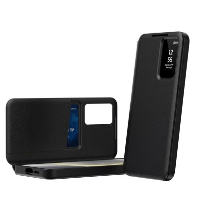 Galaxy S24 Ultra med svart fodral i öppet läge – visar Smart View-fönster och kortfack