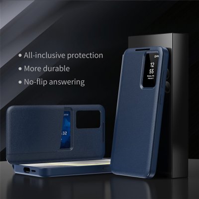 Samsung Galaxy S26 i blått Smart View-fodral med informationsfönster