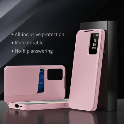 Samsung Galaxy S26 i rosa Smart View-fodral med tydligt fönster