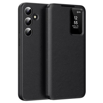 Svart Smart View-läderfodral till Samsung Galaxy S26 – fram- och baksida