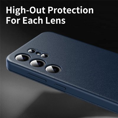 Upphöjt kameraskydd på blått läderfodral till Samsung Galaxy S26 Ultra
