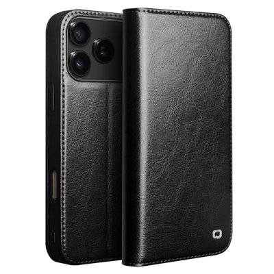 Qialino svart läderfodral för iPhone 17 Pro – framsida och baksida