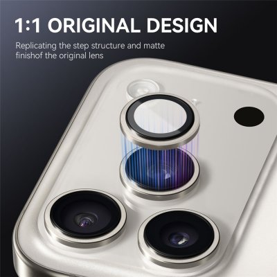 Detaljbild på grått linsskydd med exakt passform för iPhone 17 Pro