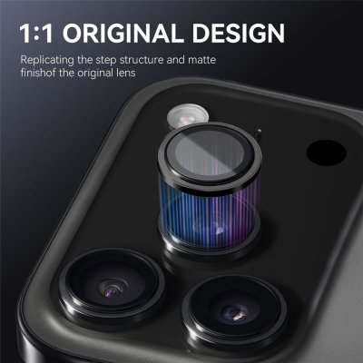 Närbild på svart linsskydd med perfekt passform för iPhone 17 Pro Max