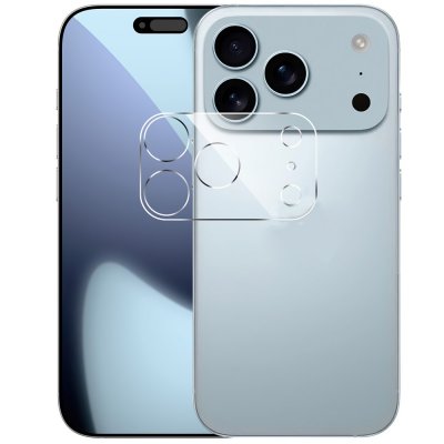 Transparent härdat glas linsskydd monterat på iPhone 17 Pro Max kamera.