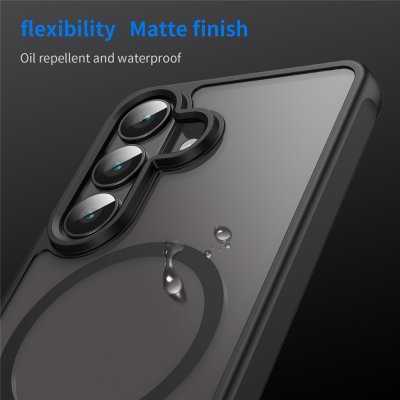 Närbild på kameraskydd och MagSafe-ring på Samsung Galaxy S26 skal – matt svart