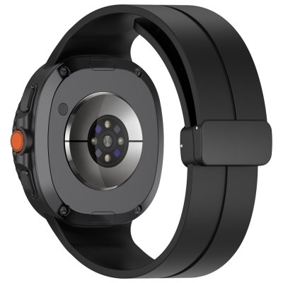 Samsung Galaxy Watch 8 44mm med svart magnetiskt silikonarmband, vy bakifrån med sensor