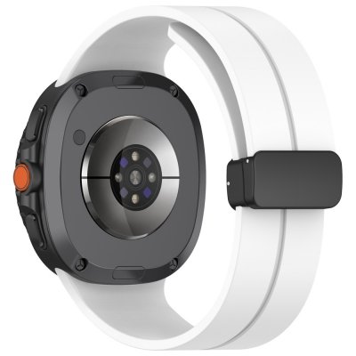 Samsung Galaxy Watch 8 40mm med vitt magnetiskt silikonarmband, bakre vy med sensor