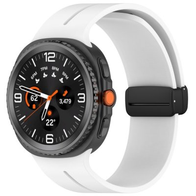 Framsida av Galaxy Watch 8 44mm med vitt magnetiskt silikonarmband monterat